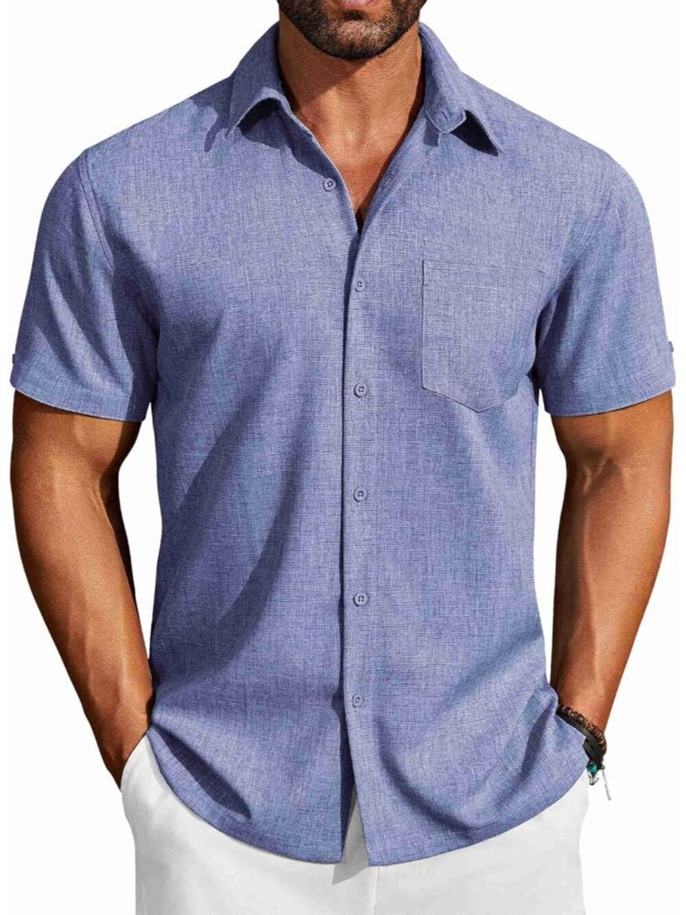 Men's Grey Blue Short Sleeve Casual Summer Beach Linen Button Down Shirts